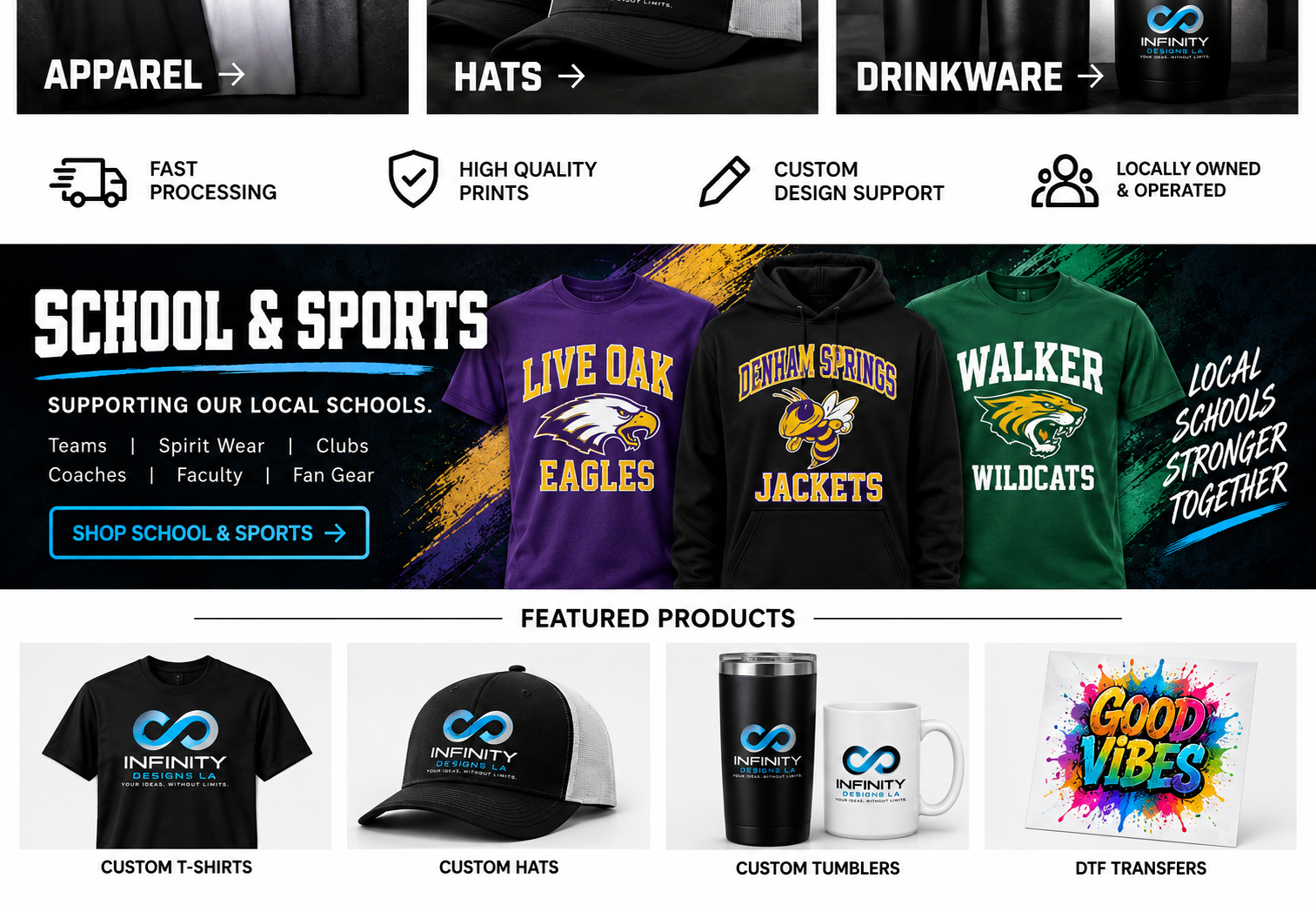 Infinity Designs LA School Sports featuring Live Oak, Denham Springs, and Walker High School